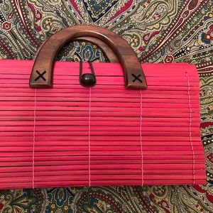 Seattle Boutique Red Wood Purse with Cloth Lining Wood Handle EUC!!